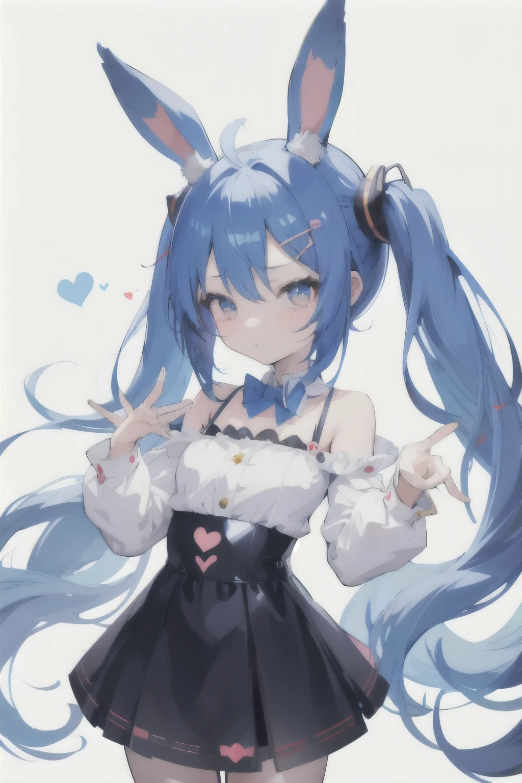 anime girl with long hair and big eyes looking at camera, cute ears, cute anime face, with bunny ears, twintails, paint tool sai!! blue, in an anime style, anime ears, with big rabbit ears, original chibi bunny girl, round ears, loli, flat anime style shading, cute horns, with long floppy rabbit ears, in anime style