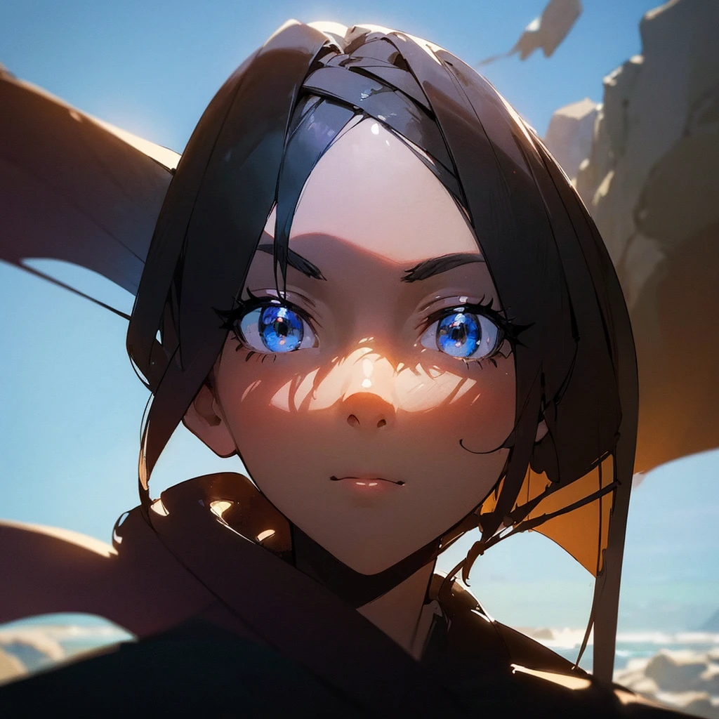 (Silhouette Art, cropping:1.6), Photo for music album, background of a rocky cave on the beach with the blue sky, anime style, ((shadow of a beautiful woman's face close-up))