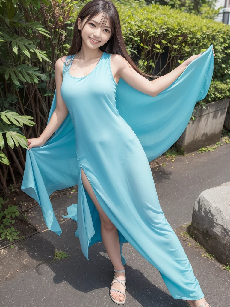 Japanese women, (Underweight), (Highest quality:1.5), (Bright smile:1.3),(Big Breasts:1.3)
apparel store, fun, walk, Long Hair, (Sleeveless dress, Water jade cloth, Blue clothes,), Bright atmosphere, Full Body Shot, Low angle shot