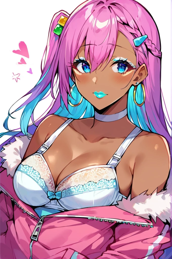 Score_9, score_8_up, score_7_up, score_6_up,  gyaru, source_anime, 1girl, solo, white background, abstract rectangular background, upper body, looking at viewer, BREAK, cyan highlights, hoop earrings, BREAK, cyan lips, dark skin, makeup, eyeshadow, cyan dress, cyan ribbed sweater, fur trim, bare shoulders, off shoulder, white choker, hairclip, (cleavage, laced white bra, long braid), hitori gotou, blue eyes, cube hair ornament, hair between eyes, hair ornament, pink hair, one side up, long hair,black skirt, jacket, long sleeves, pants, pants under skirt, (pink jacket:1.5), pink pants, pleated skirt, skirt, track jacket, track pants, track suit,