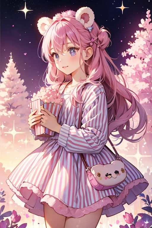 A GIRL purple striped bag of pink popcorn with a basic expression and rosy bear ears. SPARKLE; GLITTER