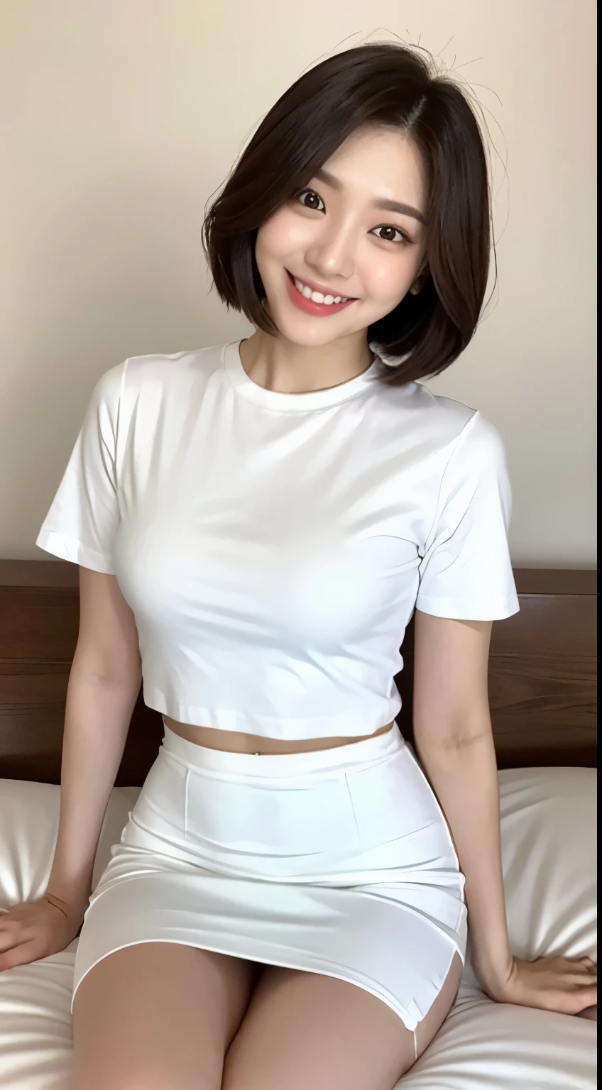 White tight shirt、White tight mini skirt、bed、smile、Short sleeve、high resolution、Korean idol face、double eyelid、White teeth、short hair、Kuroku