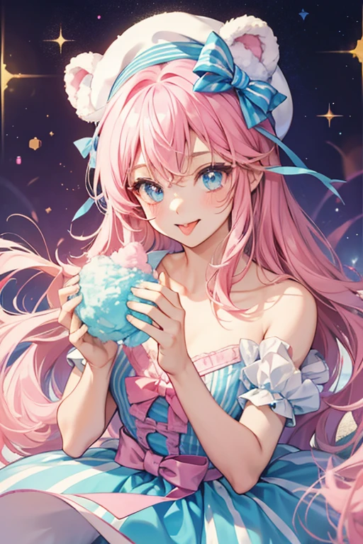 A GIRL blue pile of cotton candy with bear ears. She wears a swirling white striped cap and a pink bow, and her tongue is sticking out. SPARKLE; GLITTER
