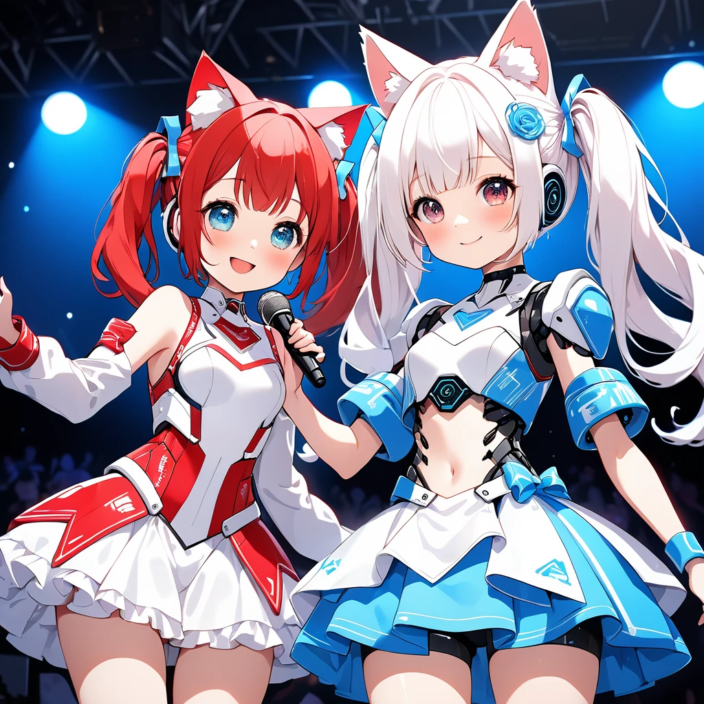 (A live stage performance by two robot idols:1.5)、One girl has red hair in twin tails, a cute face,Red and white robotic Wear a barrette,From the neck down, he's completely robotic And my chest is a little big,She is wearing a cute, cyber-inspired idol outfit in red and white.The other girl has short white hair and cat ears. The inside of the cat ears is light pink and fluffy. She has a cute face.From the neck down, he's completely robotic.My chest is a little big,She is wearing a cyber-inspired idol outfit in white and blue.They hold a microphone in one hand and hold hands.She responded to the cheers of the audience with a smile.The backdrop of a large live hall, the fantastic glow of spotlights, and the many live monitors,A large audience,Cowboy Shot,High quality, high definition, (masterpiece, best quality,4k, 8k:1.5), ultra detail,Ultra-fine painting, Physically Based Rendering,dramatic lighting,Vivid colors,
