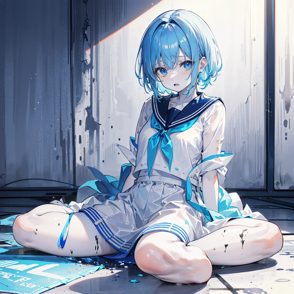 One Woman,boyish((White skin, sitting on the floor, sadness,Despair)) background((blue,Muddy color))Straight face,Open mouth Light blue hair,ショートボブ blue目,There are no highlights,Sailor suit without shine,blue色 ペンキがかかる,blue