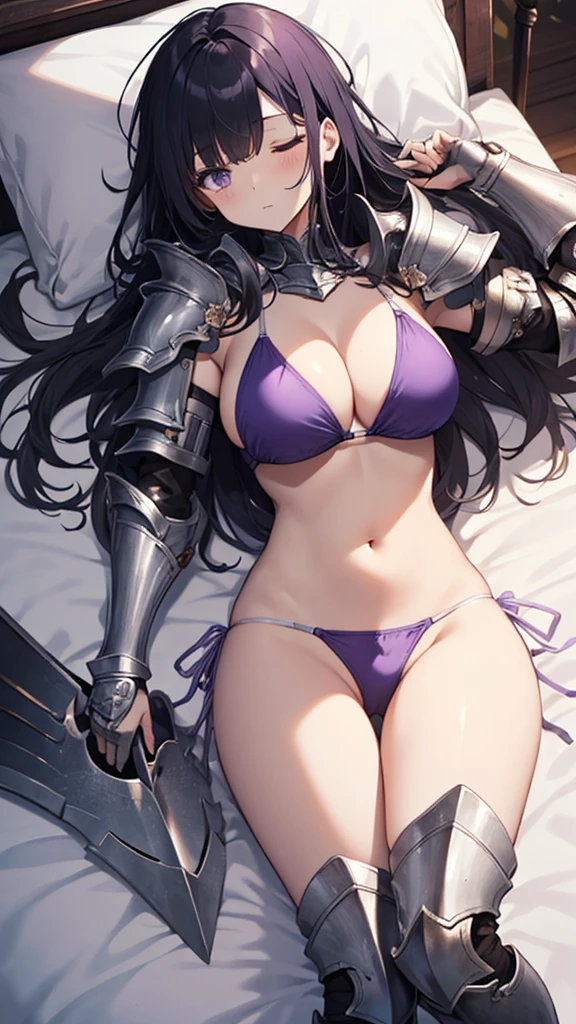 Photo of a woman in armor, Bikini Armor Female Knight,(Light purple rubber bikini:1.3),On the bed,(Sleep on your back:1.3),Legs wide open,(Eye Highlight:1.2),Bikini Armor, Girl in Armor, Otherworld fantasy game characters,Slender figure,Cleavage,belly button,Black Hair,Short Bob,Flushed Cheeks,Embarrassing,Bikini Armor, Bikini Armor, glossy White Armor, ornate Bikini Armor, Thick armor, feminine, Female Knight, shiny silver armor, White Armor, Pale black armor, Highly detailed art gems,Beautiful expression right down to your fingertips,Angle from directly above