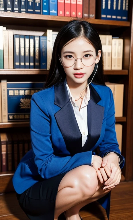 (A gorgeous Chinese lady, age 28, professional lecturer & A.I enthusiast, wearing formal office attire, blazers, sky-blue tie, long-sleeve white shirt with buttons, pencil mini-skirt, squatting in a library, surrounded by books,
(fabulous, geeky, feminine, gentle,
friendly, goofy, fascinating, Graceful),
White headphones, spectacles, #roundeyeware, #glasses, #eyeware, kind smile, dimpled cheeks, cute snaggle-tooth, ponytail, bob hair trimmed, short hair, symmetrical face, beautiful detailed face, bright_and_full_of_warmth_eyes, detailed eyes, ample round bosom, perfect body anatomy,
Award-winning, photorealistic, hyper-realism, high contrast, ultra HD, realistic skin textures, top image quality, top-quality, super high resolution, fine details, very meticulously, Vivid Colours, masterpiece, High angle shot, cowboy shot, positive affirmation, serene ambience, bokeh night background, SFW)