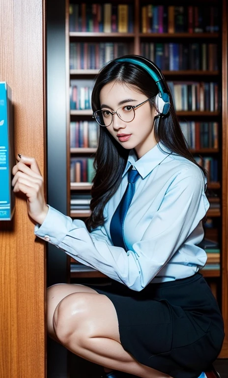 (A gorgeous Chinese lady, age 28, professional lecturer & A.I enthusiast, wearing formal office attire, blazers, sky-blue tie, long-sleeve white shirt with buttons, pencil mini-skirt, squatting in a library, surrounded by books,

(fabulous, geeky, feminine, gentle,
friendly, goofy, fascinating, Graceful),

White headphones, spectacles, #roundeyeware, #glasses, #eyeware, kind smile, dimpled cheeks, cute snaggle-tooth, ponytail, bob hair trimmed, short hair, symmetrical face, beautiful detailed face, bright_and_full_of_warmth_eyes, detailed eyes, ample round bosom, perfect body anatomy,

Award-winning, photorealistic, hyper-realism, high contrast, ultra HD, realistic skin textures, top image quality, top-quality, super high resolution, fine details, very meticulously, Vivid Colours, masterpiece, High angle shot, cowboy shot, positive affirmation, serene ambience, bokeh night background, SFW)