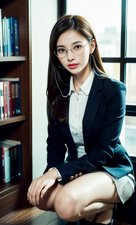 (A gorgeous Chinese lady, age 28, professional lecturer & A.I enthusiast, wearing formal office attire, blazers, sky-blue tie, long-sleeve white shirt with buttons, pencil mini-skirt, squatting in a library, surrounded by books,

(fabulous, geeky, feminine, gentle,
friendly, goofy, fascinating, Graceful),

White headphones, spectacles, #roundeyeware, #glasses, #eyeware, kind smile, dimpled cheeks, cute snaggle-tooth, ponytail, bob hair trimmed, short hair, symmetrical face, beautiful detailed face, bright_and_full_of_warmth_eyes, detailed eyes, ample round bosom, perfect body anatomy,

Award-winning, photorealistic, hyper-realism, high contrast, ultra HD, realistic skin textures, top image quality, top-quality, super high resolution, fine details, very meticulously, Vivid Colours, masterpiece, High angle shot, cowboy shot, positive affirmation, serene ambience, bokeh night background, SFW)