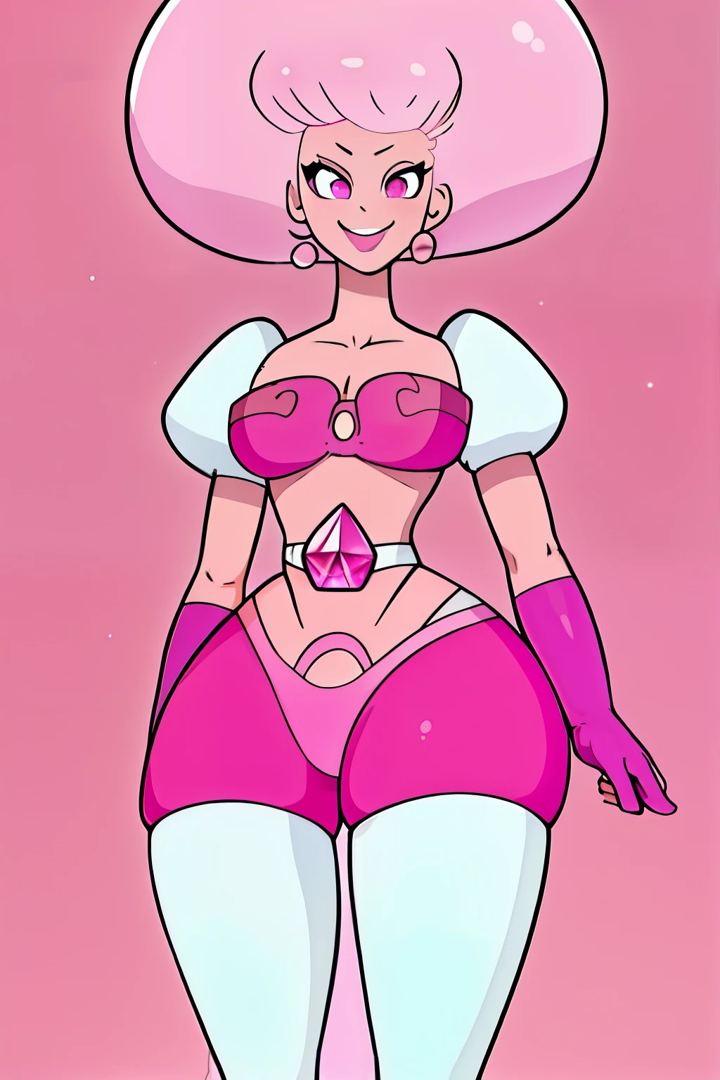 pnkdamond, pink hair, pink eyes,  big hair,  stomach gem,  pink skin,  toned, 
puffy short sleeves, elbow gloves ,  white thighhighs,   puffy dress, 
standing, upper body, 
 outerspace,  
(insanely detailed, beautiful detailed face,beautiful detailed eyes, masterpiece, best quality) cinematic lighting,  smile, 
 