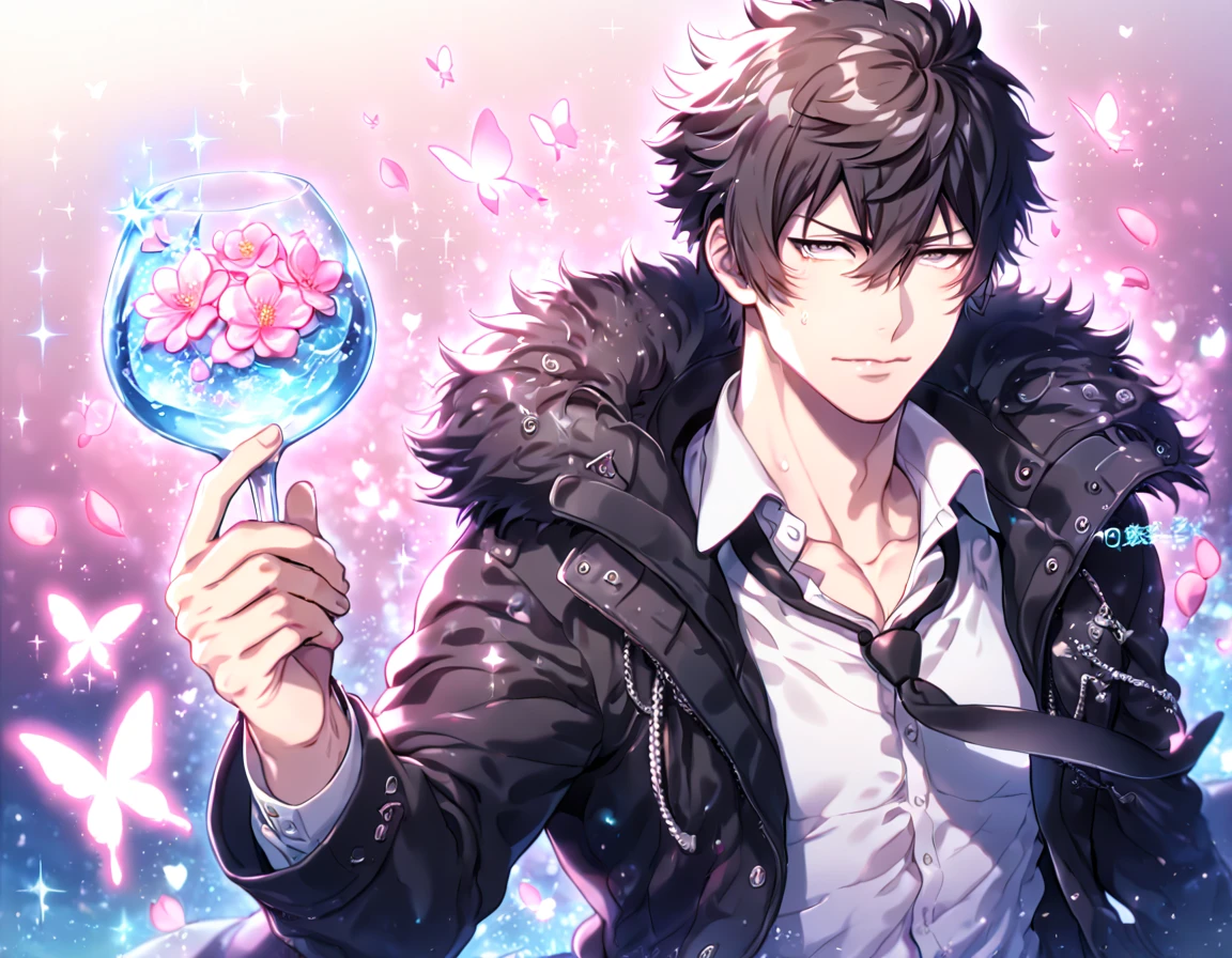 absurdres, highres, ultra detailed, HDR, master piece, best quality, Kougami Shinya, black hair, expressive gray eyes, Psycho Pass, solo, sexy man, handsome, sensual, horny, black coat with fur collar, white shirt, black necktie, water, fantasy, magical, shining, pink flowers, pink blossoms, pink petals, pink butterflies, sparkling glass, manly man