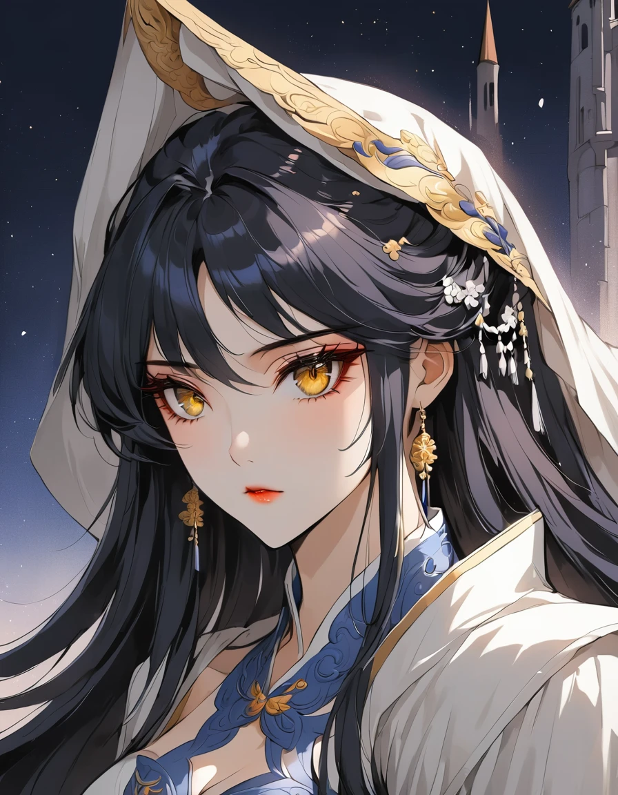 beautiful girl wearing a fancy dress, portrait, manhwa style, long dark blue hair, yellow eyes, manhwa style, lighting, in the castle