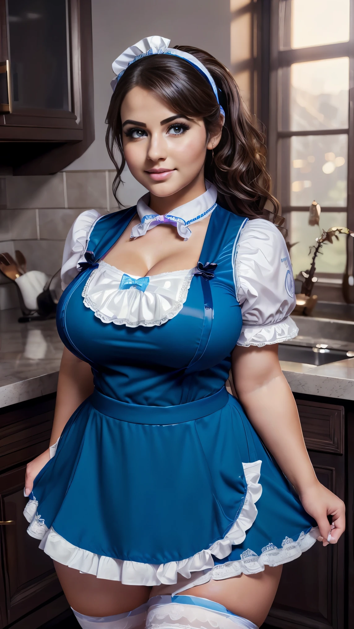 A beautiful maid with large breasts, an athletic body, and thick thighs, (1girl,maid uniform,maid,large breasts,athletic body,thick thighs,sexy,detailed face,beautiful eyes,beautiful lips,intricate details,highly detailed,8k,photorealistic,cinematic lighting,dramatic lighting,vibrant colors,fantasy,elegant)