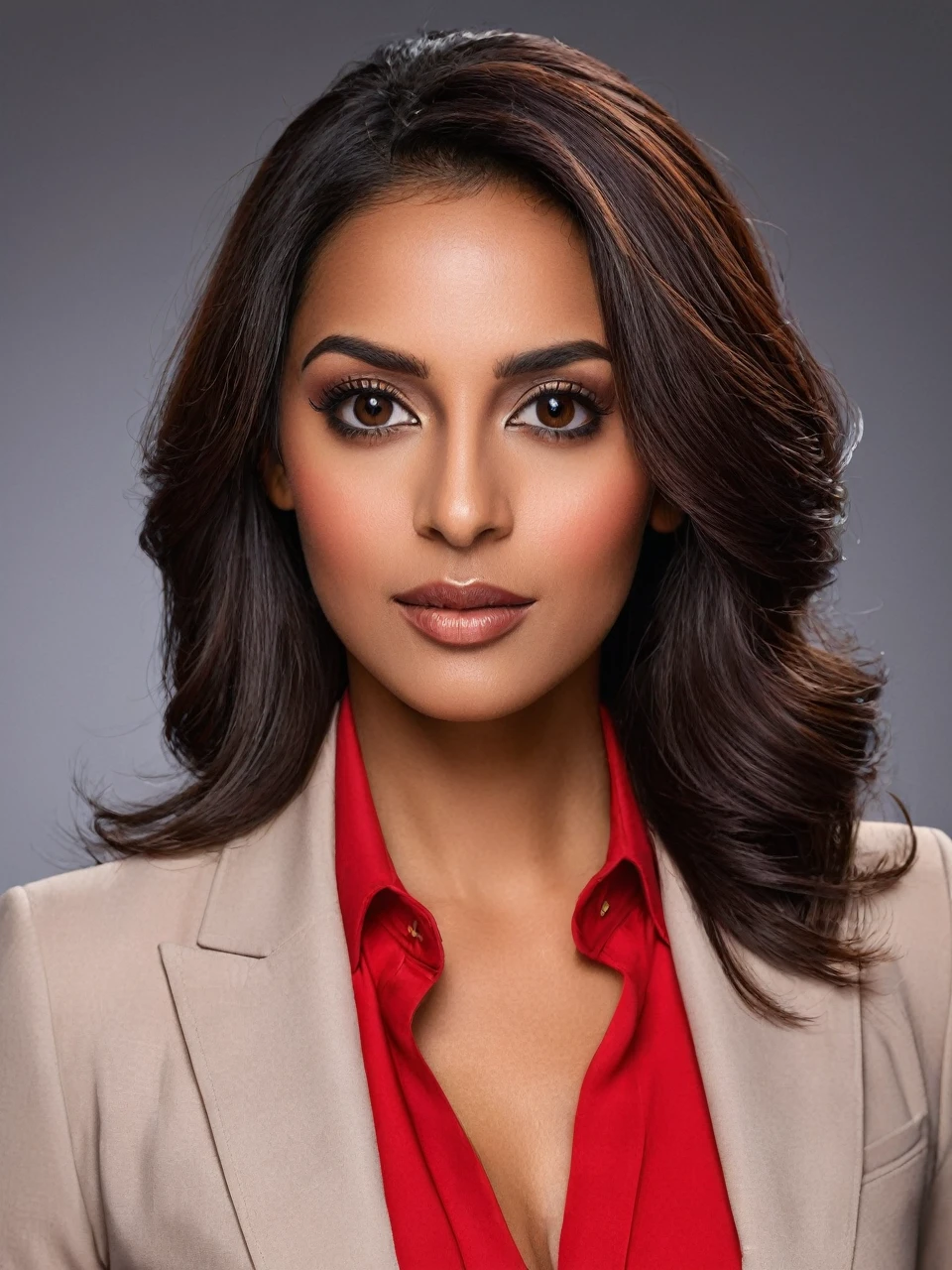 create for me a brown woman with dark brown hair and eyes, stylish in a red blaize, very professional and an office
