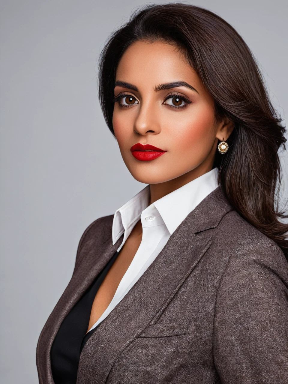 create for me a brown woman with dark brown hair and eyes, stylish in a red blaize, very professional and an office
