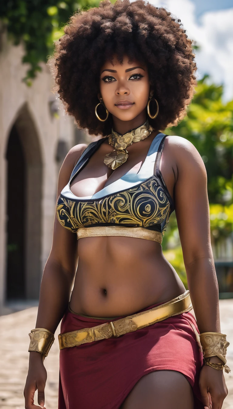 A potrait photo of: African princess, perfect eyes and face, beautifull afro hairdo, black skin tone, curvy voluptuous body, wearing a dress designed by a typical African princess, confident temprament, masterpiece, 4k, cinematic deyail lighting, realistic photo, background of african palace