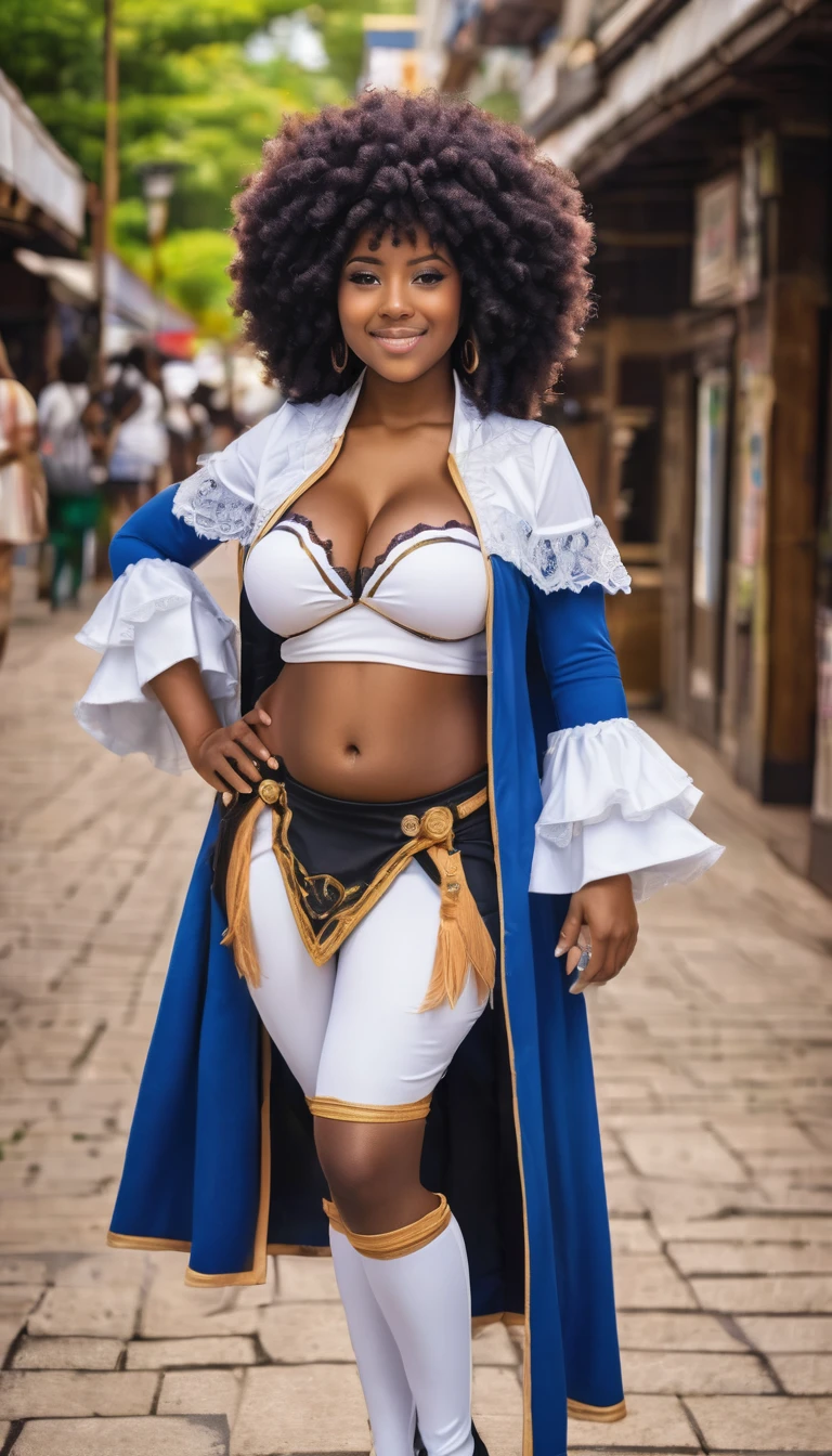 A hyper realistic photo of a 28 year old black Brazilian woman, 1 meter and 69 centimeters, 60 kg well distributed, fully body, legs spread apart, one hand on the waist. she is looking at the camera, Your smile is seductive. She is wearing the clothes of Banessa Enotēka, the female character from the anime Black Clover ( Burakku Kurōbā ) como cosplay. breasts big, Breasts huge, Giant tits, afro long hair, long afro style hair, afro curly hair. legs thick, thick-thighs. the setting is a cosplay fair where there are several people dressed as heroes.
naturallight, contrast light, Vibrant and Contrasting colors, **high resolution**: High-quality DSLR or mirrorless cameras for sharp, detailed images, Sharp and Clear strokes,
