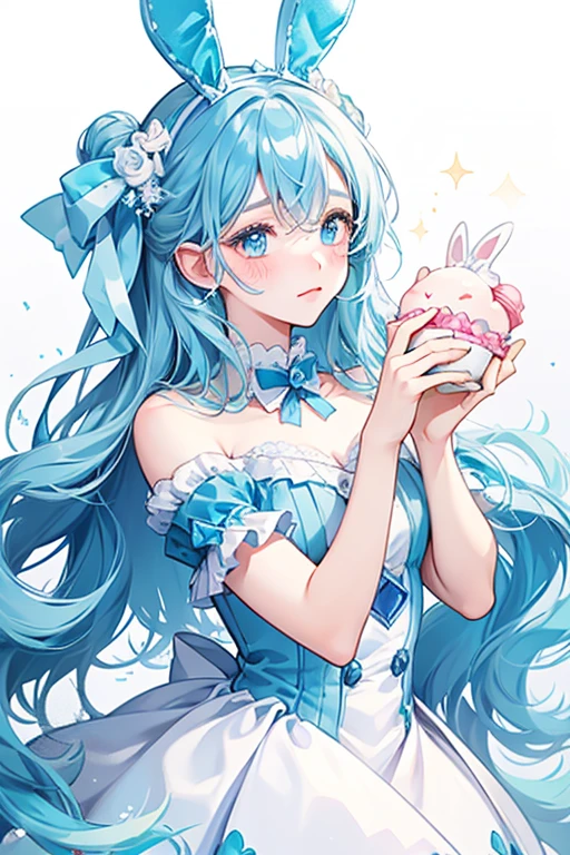 A GIRL pale blue macaron bunny with one eye shut and very pale blushed cheeks, and no mouth. She has white cream and wears a bubblegum-colored ribbon SPARKLE; GLITTER