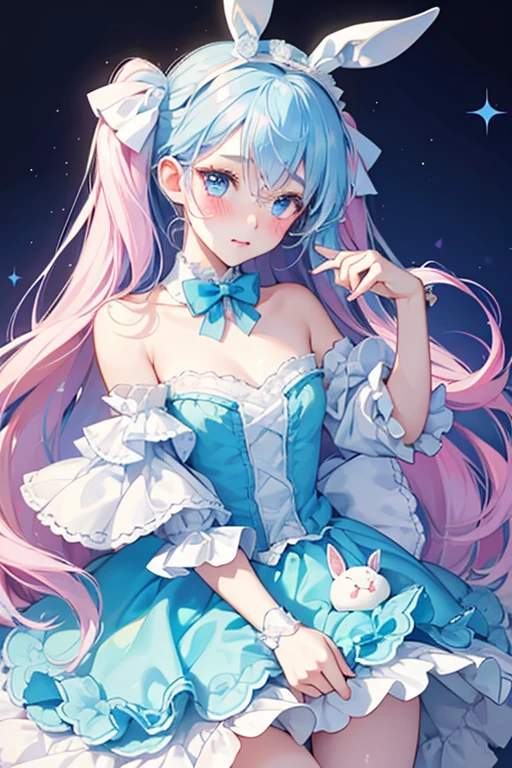 A GIRL pale blue macaron bunny with one eye shut and very pale blushed cheeks, and no mouth. She has white cream and wears a bubblegum-colored ribbon SPARKLE; GLITTER