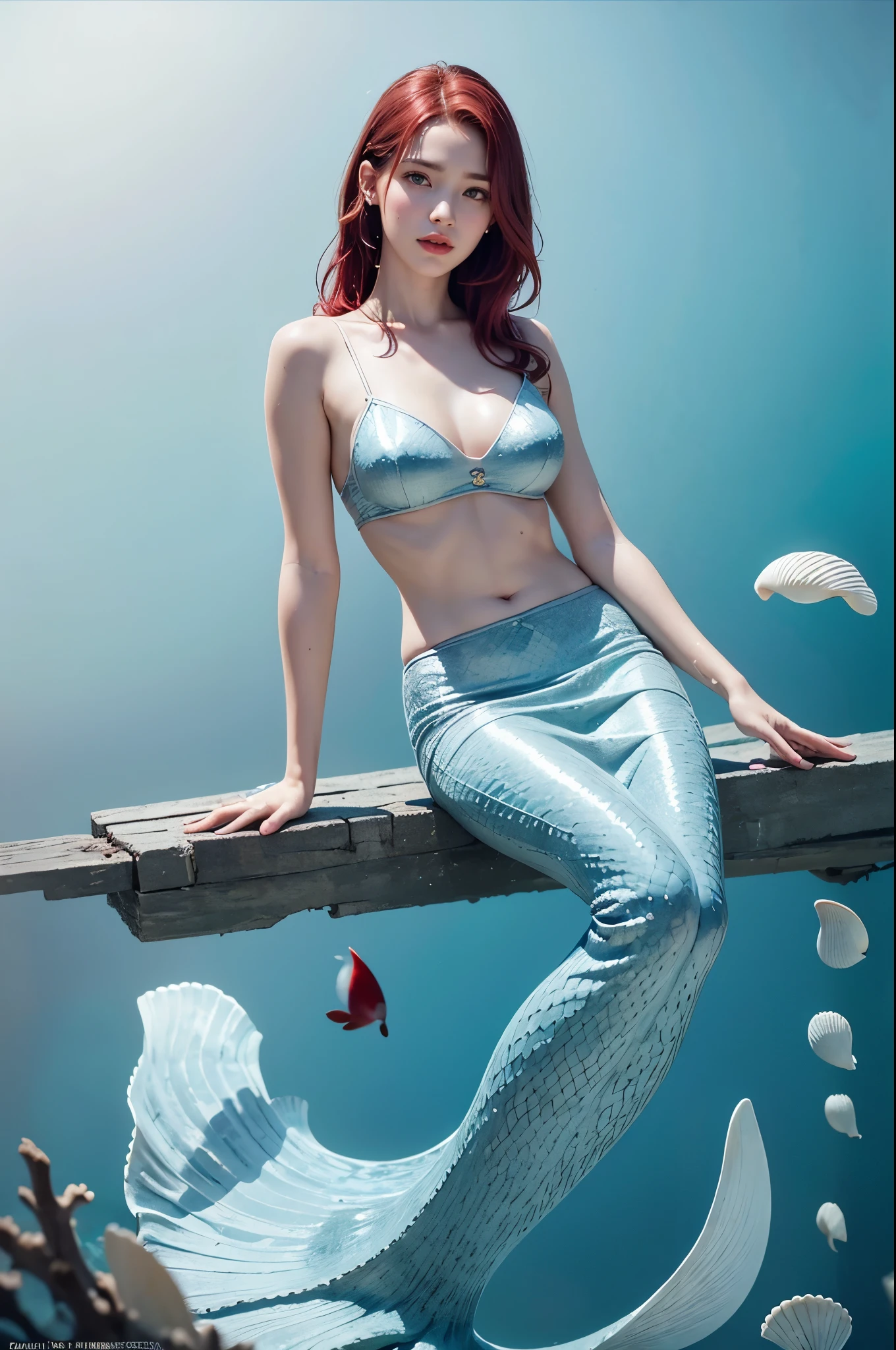 ((Ariel the young mermaid)), ((woman with fish feet)), ((shy facial expression)). coquettish style attracts men's attention, ((rosy cheeks)), ((naturally beautiful face)). (((red hair:1.4))), ((wavy length:1.3)), whole body, (((big breasts, covered in shells:1.5))), (((in the depths of very clear water:1.9)) ), ((sunken shipwreck background:1.1)), photorealistic, photo, masterpiece, realistic, realism, photorealism, high contrast, photorealistic digital art trending on Artstation 8k HD high definition realistic details, details, skin textures, highly detailed, realistic skin texture, best quality, very high resolution, (photorealistic: 1.4), high resolution, detailed, raw photo, sharp, by lee jeffries stock film photography nikon d850 4 kodak Portra 400 Camera F1.6 Lens Rich Color Texture Lifelike Hyper Realistic Dramatic Lighting Artstation Cinestill 800,