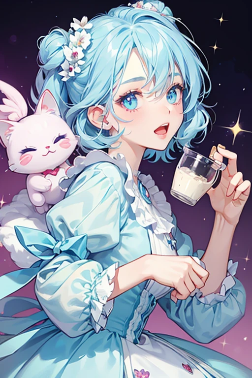 A GIRL pale blue macaron cat with a squint-winking eye and wide opened mouth. Her cream is light fuchsia to match the dollop on her head. She also has a pale blue drizzle. SPARKLE; GLITTER
