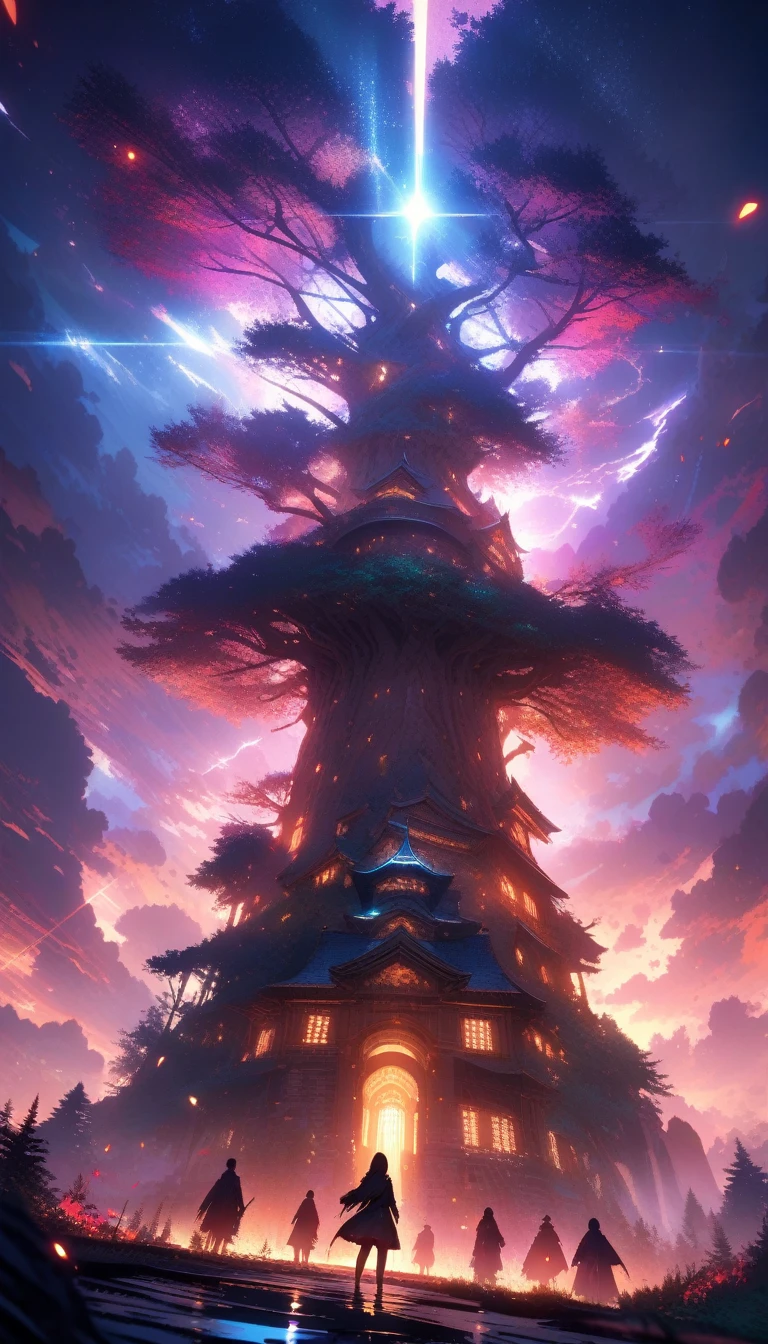 masterpiece, best quality, Very detailed, HD, HDR, Practical, depth, Delicate texture, Super Fine, Completely focused, (Low angle shot), Exciting scene, Dramatic Lighting, Vibrant colors, Extremely detailed, Intricate details, Volumetric Lighting, lens flare, Dynamic Synthesis, Exciting times, Epic, Stunning views, Immersive atmosphere, Movie Lighting, Stunning perspective, (A huge old tree towers over the small village), Majestic, Leaves and roots extend outward, The villagers were amazed, Light shines through the leaves, 大气depth, highly detailled texture, Surreal and magical environment.