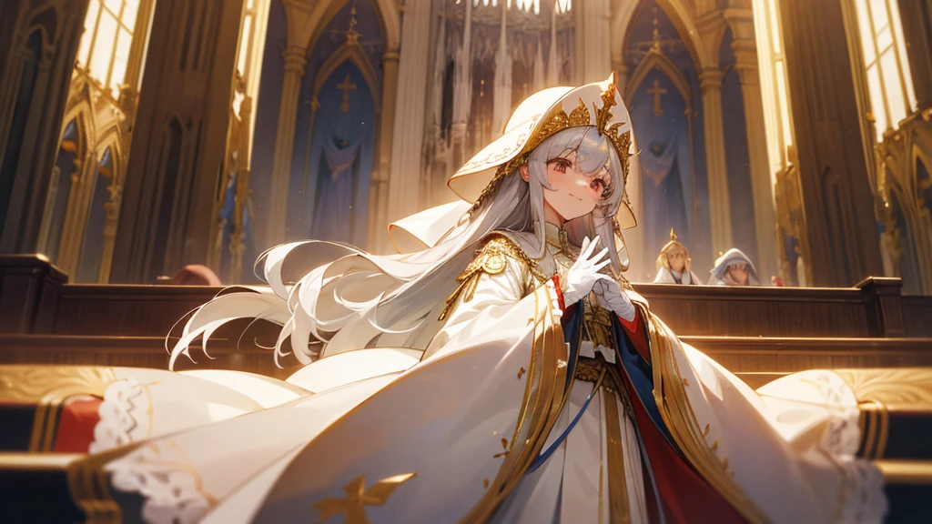 in front of the altar of a majestic church, casting judgement with magic, her voice echoing beautifully. Magic gathers around her, enveloping her in a holy aura as she chants girl with long silver hair, Classic White Wedding Dresses、long white embroidered gloves, pope's clothing and hat, long hair, ceremonial robes, mass vestments, enormous puffy sleeves, long cuffs with many buttons, golden embroidery, cross details, Long Train, lots of frills and lace, red capes, gently reaches out to you, gentle smile