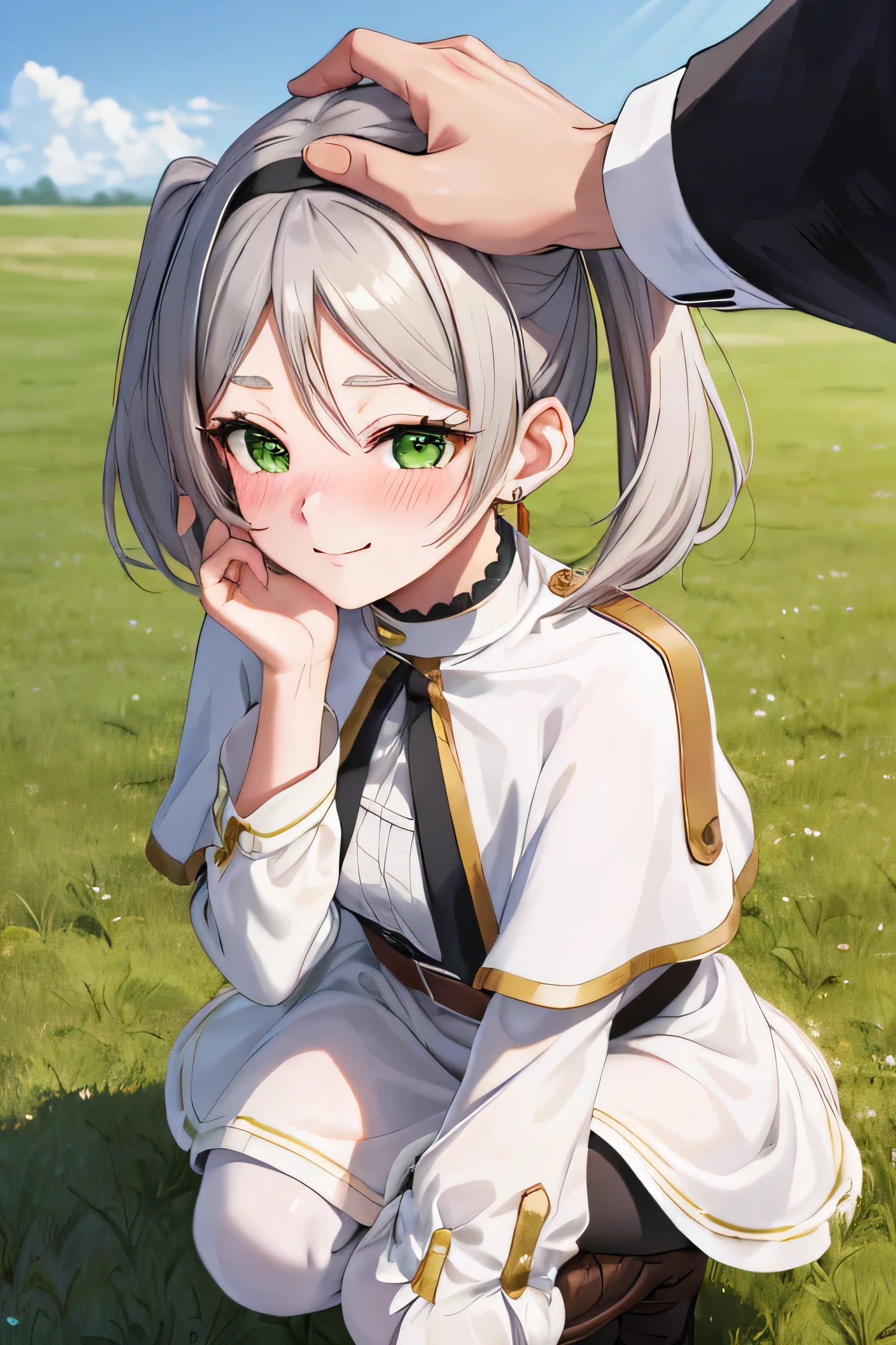 Tabletop,Highest quality,High resolution,Very detailed,Freezing,Green Eyes,Long Hair,Twin tails,Parted bangs,Earrings,jewelry,dress,Long sleeve,White capelet,Belt Bag,Black Pantyhose,Knee-high boots,Brown footwear,Outdoor,street,squat,grassland,Jito Order,blush,smile,headpatPOV, throw, headpat, perfectionな指, Ideal hand structure, She is being stroked on the head, She is smiling, (Detailed green eye), Detailed face, ((Blushed)), blush, Make your eyes sparkle, short hair, ???? face, Anime Style, Soft lighting, perfection_environment, View from above,