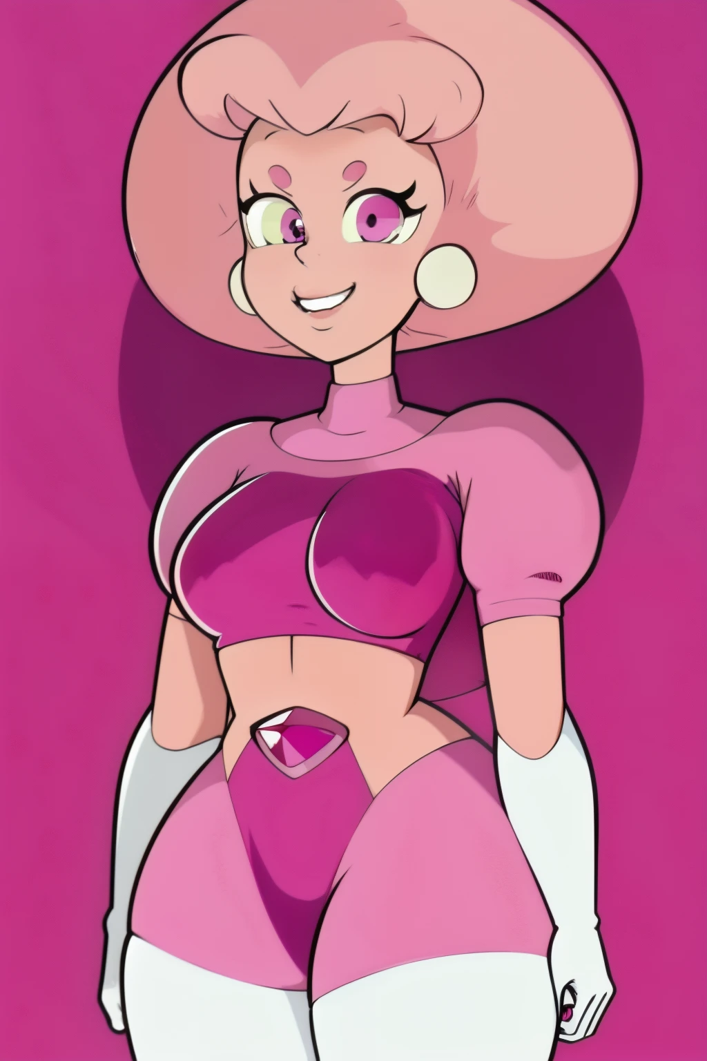 pnkdamond, pink hair, pink eyes, big hair, stomach gem, pink skin, toned,
puffy short sleeves, elbow gloves , white thighhighs, puffy dress,
standing, upper body,
outerspace,
(insanely detailed, beautiful detailed face,beautiful detailed eyes, masterpiece, best quality) cinematic lighting, smile,