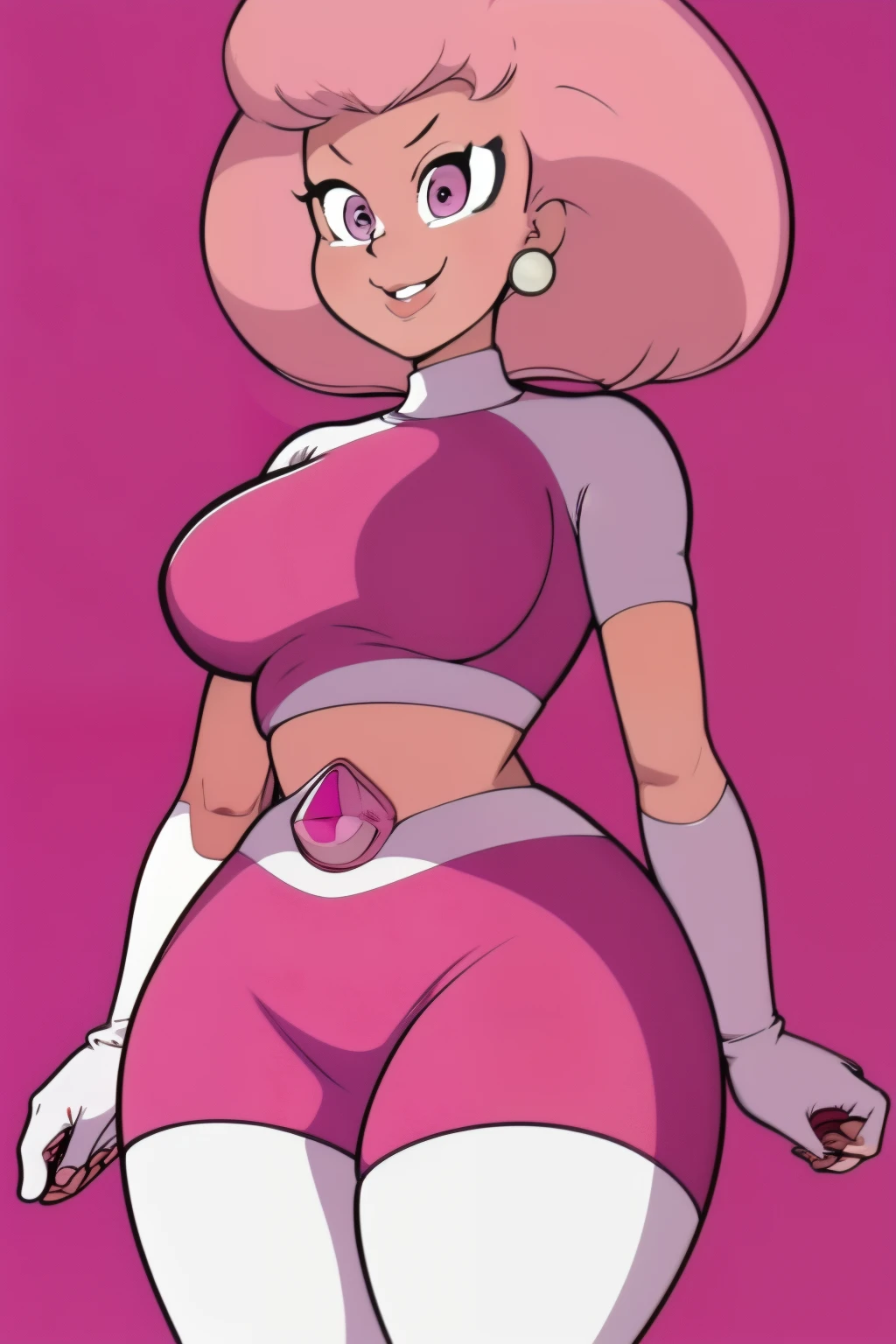 pnkdamond, pink hair, pink eyes, big hair, stomach gem, pink skin, toned,
puffy short sleeves, elbow gloves , white thighhighs, puffy dress,
standing, upper body,
outerspace,
(insanely detailed, beautiful detailed face,beautiful detailed eyes, masterpiece, best quality) cinematic lighting, smile,