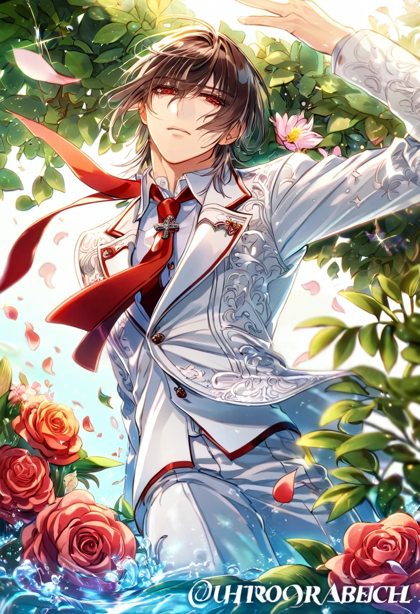 Ultra detailed, HDR, Highres, absurdres, master piece, Kuran Kaname, dark brown hair, expressive red eyes, white jacket with black trimmings, white shirt, red necktie, white pants, Vampire Knight, sexy man, handsome, flowers, petals, fantasy, magical, green leaves, summer, handsome, sensual, best quality, glittering, solo, water, horny, cross uniform,