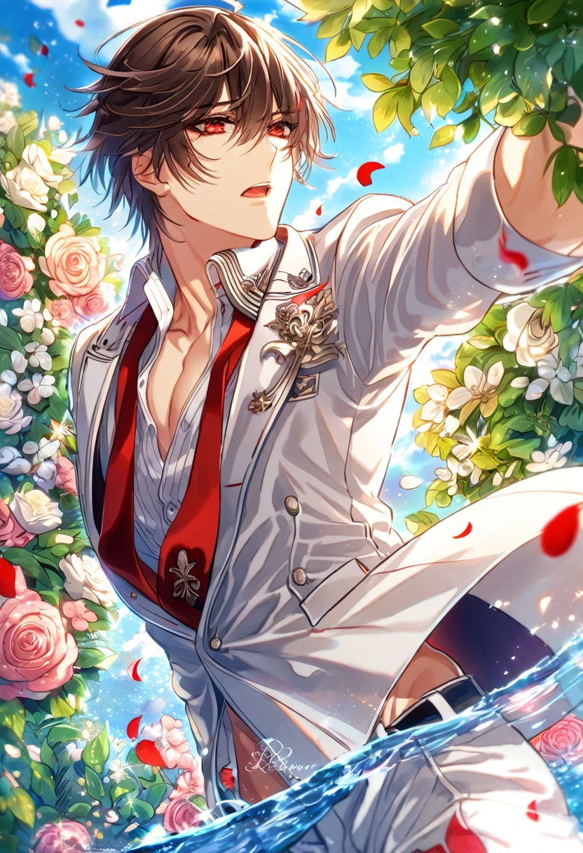 Ultra detailed, HDR, Highres, absurdres, master piece, Kuran Kaname, dark brown hair, expressive red eyes, white jacket with black trimmings, white shirt, red necktie, white pants, Vampire Knight, sexy man, handsome, flowers, petals, fantasy, magical, green leaves, summer, handsome, sensual, best quality, glittering, solo, water, horny, cross uniform,