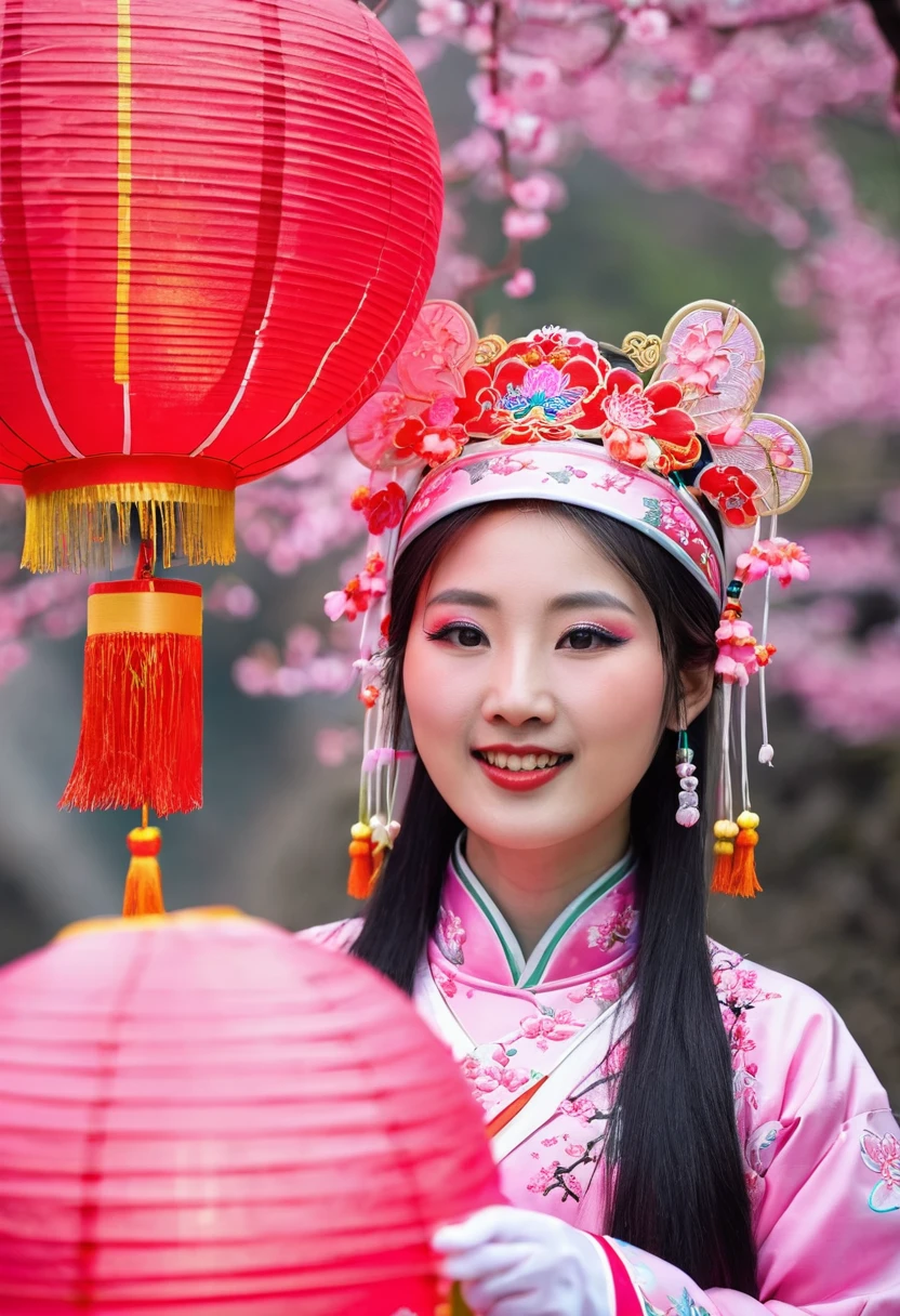 closeup of a young Chinese woman dressed as a qiqaos celebrating the cherry blossom festival in zhangjiajie with chinese lantern