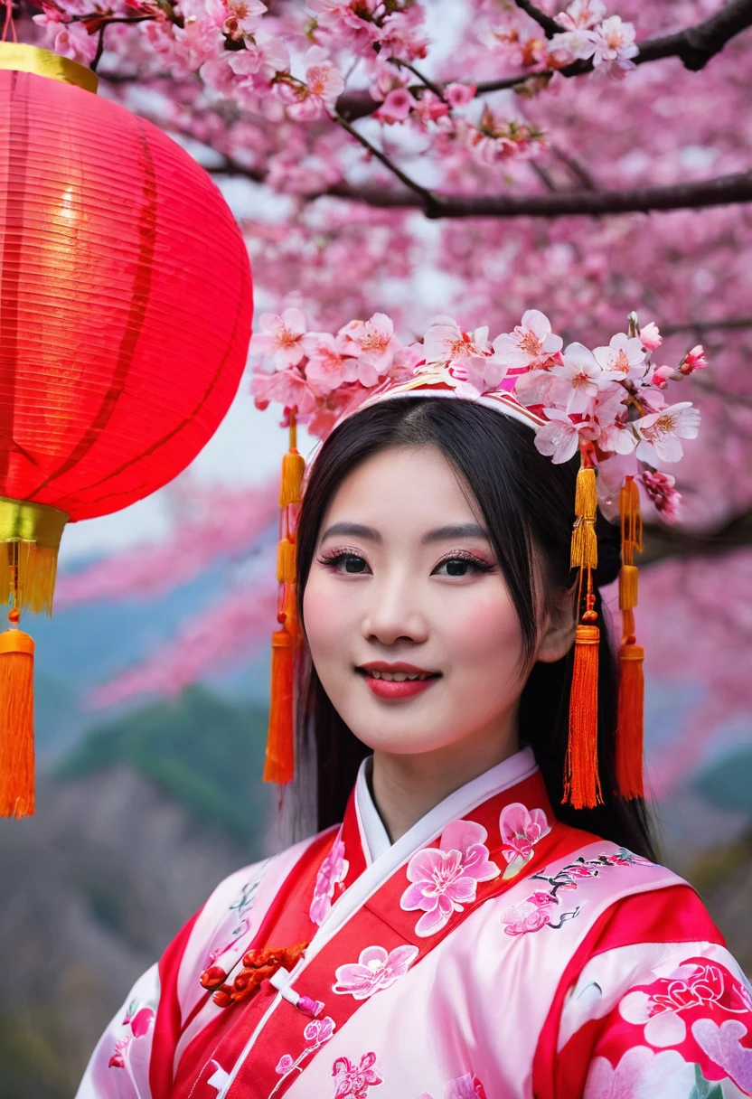 closeup of a young Chinese woman dressed as a qiqaos celebrating the cherry blossom festival in zhangjiajie with chinese lantern