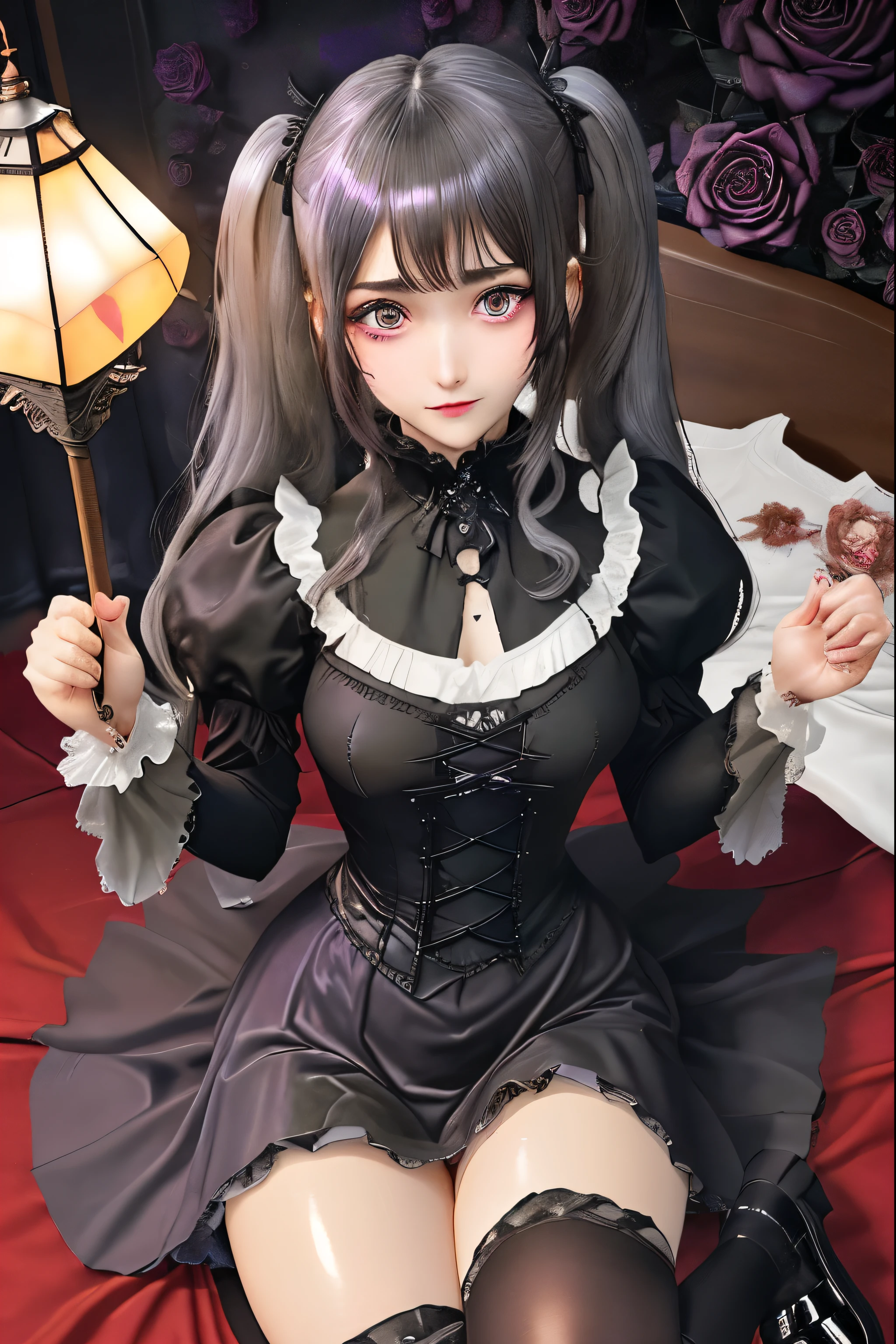 Hard Dark Gothic Makeup、Black dark eyeshadow、sad、Good skin radiance、Dark Gothicメイク、Dark smile、palace、The beauty of fragrance、24-years-old、Expressions of intense sexual pleasure、Embarrassed look、Dark Gothic、Highest quality、Expression of sexual pleasure without pain、Drunk face、Purple maid outfit、mysterious、noble、Loving smile、Twin tail hair、Right eye is blue、Left eye is red、Super tempting pose、Platform heel shoes、Heavy makeup、Gothic Lolita Clothing、Silver Hair、Long Hair Straight Hair、Cute Gothic Lolita Dress、Beautiful Face、elegant face、Attractive face、Stained glass background、Chest glistening with sweat、The room is dark、goth long dress、Bell Sleeves、Wizard Sleeve、Decadent look、Sexually excited expression、Wet shiny thigh water、Thighs that are wet and shiny with oil、Background of a room full of roses、Sad look、Rose Maiden、The embroidery is pink、The dress has pink embroidery.、Thigh-high socks、Knee-high socks、Gentle expression、Dark black eyeshadow、Stained glass and rose background、Thighs are a little thin、Female Duo、Female couple、dark church background、Stained glass、Black metal world、Dark Castle、Dark Room、Slender body、gothic long dress、Victorian dress、Small breasts、With a glass of wine in your right hand、With a lantern in his left hand、The bed is covered with roses、Her thighs are shining with sweat、My body is wet and shiny、There is a lot of glitter on the thighs、I am sweating、My thighs are sticky with sweat.、My thighs are glistening with sweat、My whole body is sweaty and shiny、I sweated a lot.、My thighs are sweaty、My wet thighs are glistening with sweat.、There is a lot of sweat shining all over my body、Slender body、I rest my head on the pillow、Sleeping in bed、Beautiful legs、Outstretched legs、Lying in bed、Lying on your back in bed、On all fours、Knee Up、Kneel、Put your arms behind your back、Kneeling on the bed、Super beautiful straight hair、Straight hair to the ends、Straight Perm Hair、Show off your thighs、Sit on the bed、Ass on the bed、Sitting with legs apart、