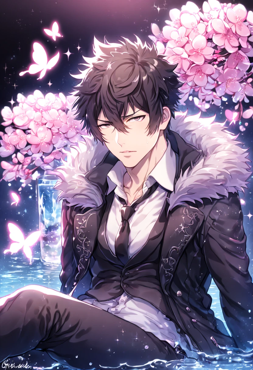 absurdres, highres, ultra detailed, HDR, master piece, best quality, Kougami Shinya, black hair, expressive gray eyes, Psycho Pass, solo, sexy man sitting, handsome, sensual, horny, black coat with fur collar, white shirt, black necktie, black pants, water, fantasy, magical, shining, pink flowers, pink blossoms, pink petals, pink butterflies, sparkling glass, manly man