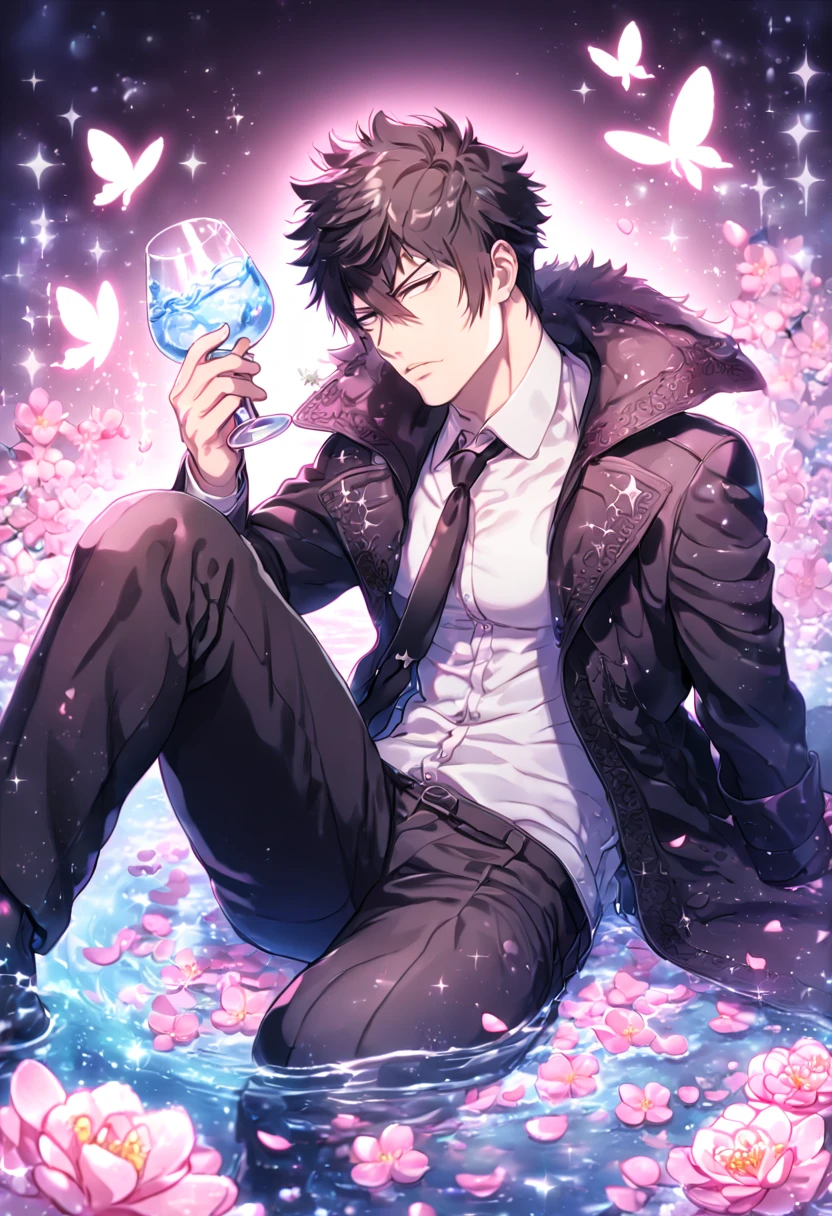 absurdres, highres, ultra detailed, HDR, master piece, best quality, Kougami Shinya, black hair, expressive gray eyes, Psycho Pass, solo, sexy man sitting, handsome, sensual, horny, black coat with fur collar, white shirt, black necktie, black pants, water, fantasy, magical, shining, pink flowers, pink blossoms, pink petals, pink butterflies, sparkling glass, manly man