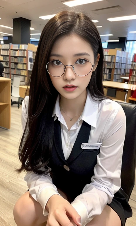 (A gorgeous Chinese lady, age 28, professional lecturer, wearing formal office attire, blazers, sky-blue tie, long-sleeve white shirt with buttons, pencil mini-skirt, squatting in a library,

(fabulous, geeky, feminine, gentle,
friendly, goofy, fascinating, Graceful),

spectacles, #roundeyeware, #glasses, #eyeware, kind smile, dimpled cheeks, cute snaggle-tooth, ponytail, bob hair trimmed, short hair, symmetrical face, beautiful detailed face, bright_and_full_of_warmth_eyes, detailed eyes, ample round bosom, perfect body anatomy,

Award-winning, photorealistic, hyper-realism, high contrast, ultra HD, realistic skin textures, top image quality, top-quality, super high resolution, fine details, very meticulously, Vivid Colours, masterpiece, High angle shot, cowboy shot, positive affirmation, serene ambience, bokeh night background, SFW)