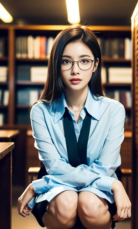 (A gorgeous Chinese lady, age 28, professional lecturer, wearing formal office attire, blazers, sky-blue tie, long-sleeve white shirt with buttons, pencil mini-skirt, squatting in a library,

(fabulous, geeky, feminine, gentle,
friendly, goofy, fascinating, Graceful),

spectacles, #roundeyeware, #glasses, #eyeware, kind smile, dimpled cheeks, cute snaggle-tooth, ponytail, bob hair trimmed, short hair, symmetrical face, beautiful detailed face, bright_and_full_of_warmth_eyes, detailed eyes, ample round bosom, perfect body anatomy,

Award-winning, photorealistic, hyper-realism, high contrast, ultra HD, realistic skin textures, top image quality, top-quality, super high resolution, fine details, very meticulously, Vivid Colours, masterpiece, High angle shot, cowboy shot, positive affirmation, serene ambience, bokeh night background, SFW)