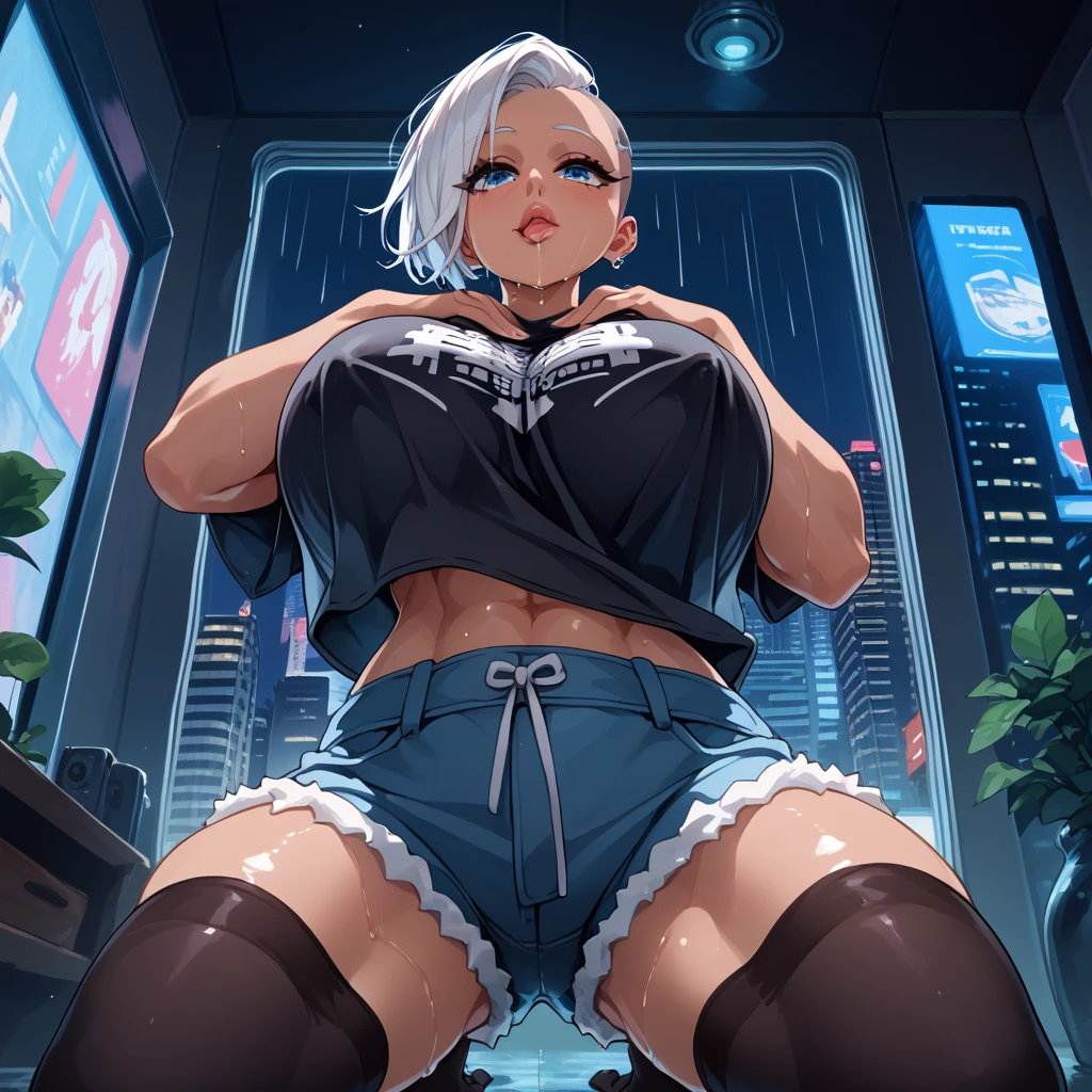 safe for work) Detailed, 1 female, low angle, wide shot , front facing, huge breasts, white hair, blue eyes, undercut hair, thick thighs, muscular quads, dark brown skin girl, puckered lips, full lips , black oversized t-shirt, high waisted, blue shorts, black thigh highs, harness on leg, tiny hearts floating above head, wet tongue, flushed, kneeling, crossed, headed tilted backwards, hands on chest, intricate clothes lining,, night, raining, futuristic, new york city, dystopian city, cozy apartment, living room, floor to ceiling window