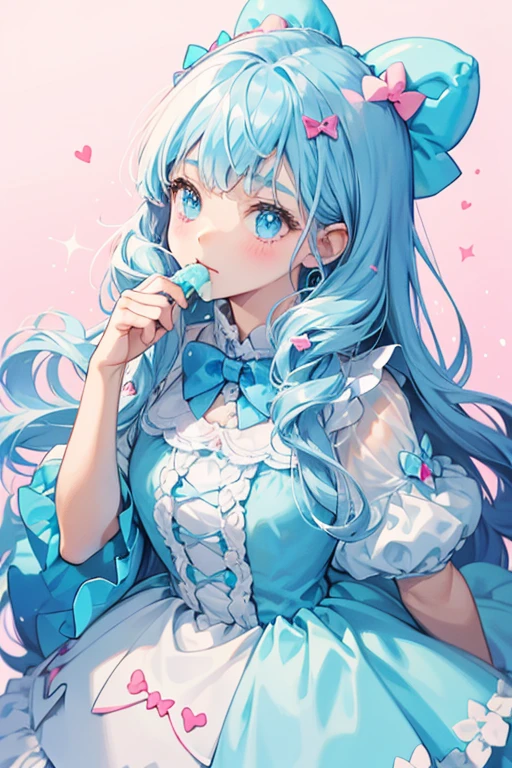 A light blue mashmallow GIRL bear num with drips on her head, and wears 2 pink bows. She is mouthless. SPARKLE; GLITTER