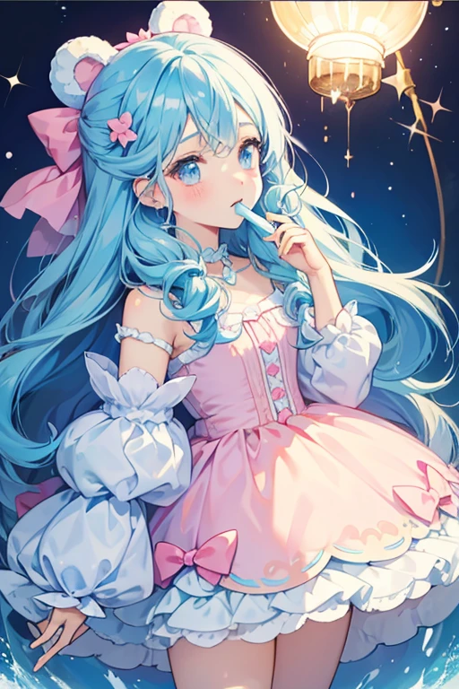 A light blue mashmallow GIRL bear num with drips on her head, and wears 2 pink bows. She is mouthless. SPARKLE; GLITTER