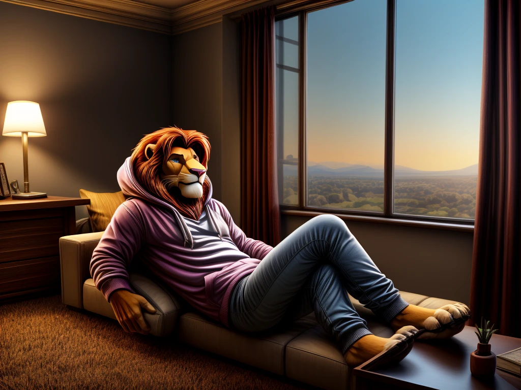 Digital art, 3d art, furry portrait, vivid colours, full body picture, full figure image, masterpiece, best quality, high resolution, Hyperrealist furry portrait, Brawny barefoot teenage Simba (Lion King character) in casual teens clothes (hoodie, long pants) lying on a couch in a psychologist's office, undergoing hypnotherapy, watching crystalball with hypnotic red glow in evil hypnotist's hand, relaxed expression, trying to resist, his eyes wide open, detailed nice feet with short claws, detailed background, anatomically correct, 8k, (wide dynamic range, dynamic angles and pose:1.2), sharp, focused, (DOA):1.23, (Particle，glowworm),（author：by Jackaloo）