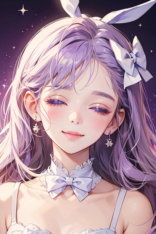 A lavender GIRL bunny marshmallow with one eye shut and a sideway smile. She has a very pale blush and a violet bow on her ears, one of which has white cream on it. SPARKLE; GLITTER
