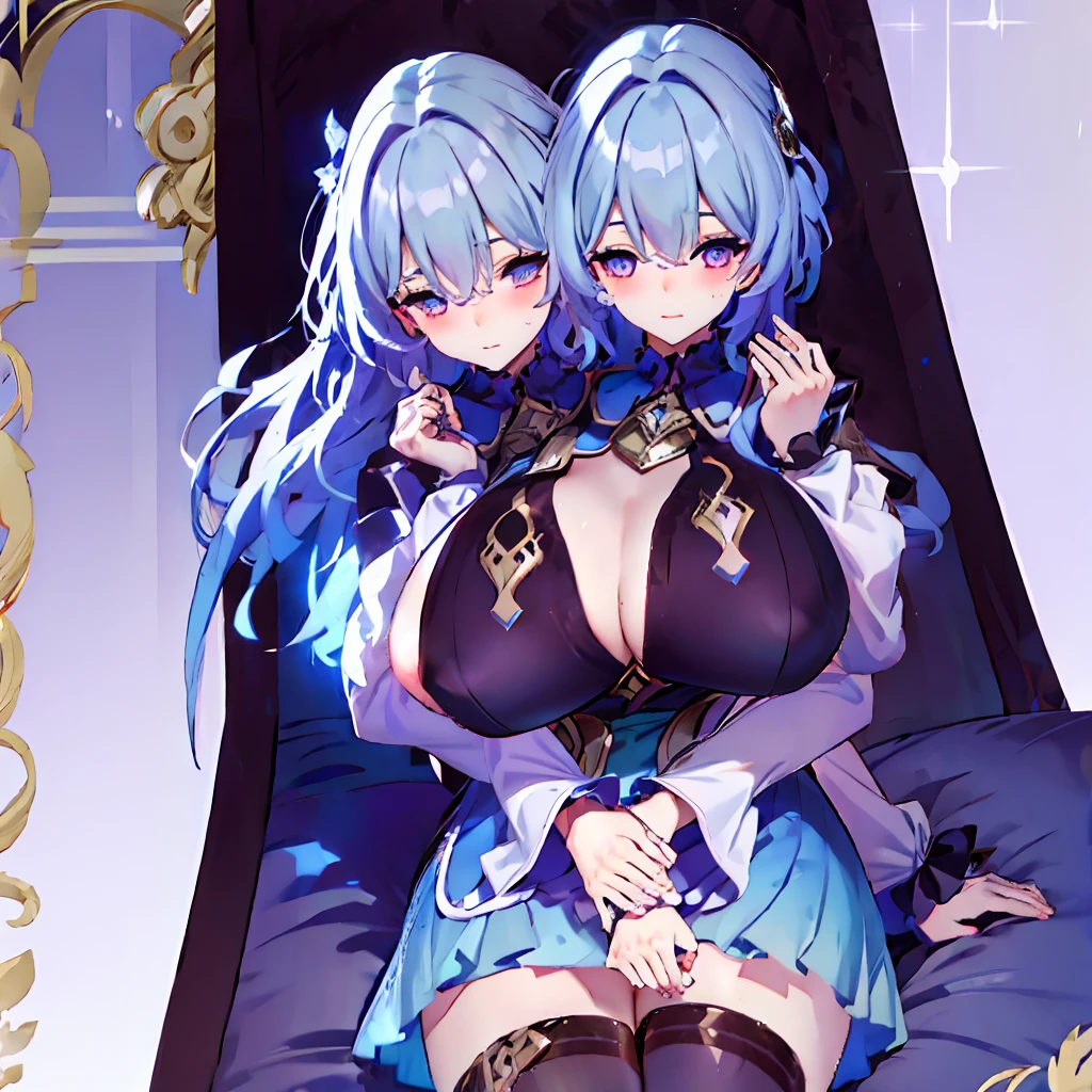 Masterpiece,best quality,best resolution,1 woman,2 heads,details,Firefly character,long gray hair,hair accessories,Blue and purple gradient eyes,blushing,Wearing a white dress with a black cloth draped over the shoulders with a gold pattern and long white sleeves.(blue cloth chest),wearing a long blue skirt,Wear long blue socks.,normal breasts,lying on the bed,bedroom background,conjoined twins,Beautiful face,Beautiful hair,beautiful eyes,beautiful body,beautiful hands 