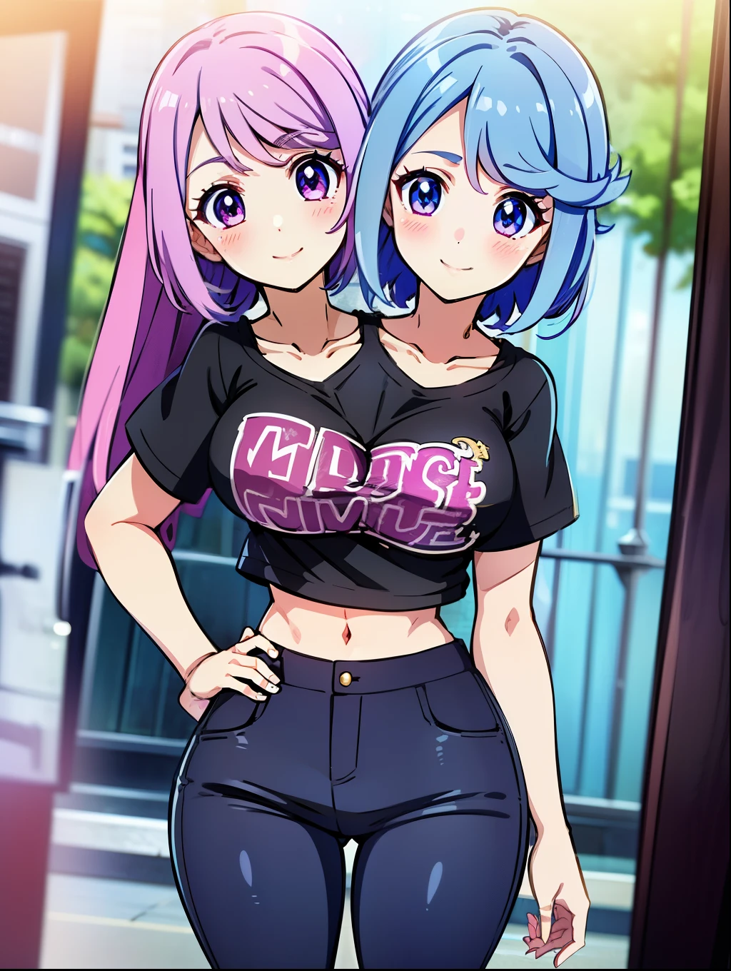 (masterpiece),(ultra-detailed), (high quality), (high resolution), (best quality:1.5, highres, UHD), highres, absurdo, ultra detail, ultra quality, ((2heads:1.5)), 1girl, Ultra resolution, 16k, best quality, 1girl, (blue hair), (pink hair), long hair, violet eyes, black t shirt, ((5 foot girl)), age girl, midriff, (black pants), pink skirt pants, gentle smile, blushing, ((detailed eyes)),