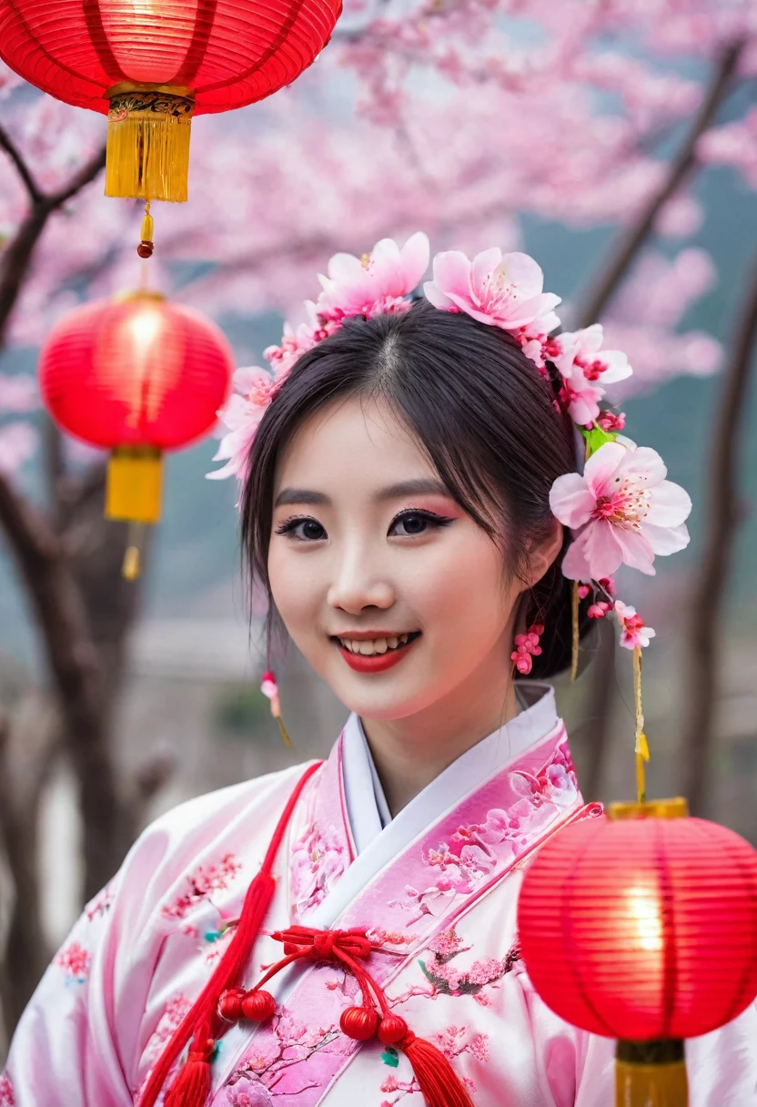 closeup of a cute young Chinese woman dressed as a qiqaos celebrating the cherry blossom festival in zhangjiajie with chinese lantern