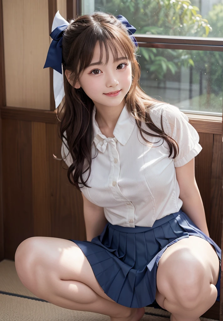 (Highest quality,masterpiece:1.3,Ultra-high resolution),(Very detailed、Caustics) (Realistic:1.4, RAW shooting、)Ultra-Realistic Capture、Very detailed、Natural skin texture、masterpiece、(A Japanese elementary school girl wearing a white shirt with a navy blue ribbon and a pleated skirt:1.3), Adorable expression、Expressions of happiness、、height: 145cm、Baby Face、Amazingly cute、Curly Hair、Scrunchie、Black Hair、light makeup、(H-cup busty)、Shining thighs、Bare arms、Background details、smile、An inviting gaze、Anatomically correct、Cowboy Shot、Attention to detail、Straddling the sheets in a private room at a sex shop、(Open your legs wide to the sides)、White panties are visible、(Tight shirt)、Erect nipples、(Flip up the skirt)、Squatting with legs apart、Angle from below