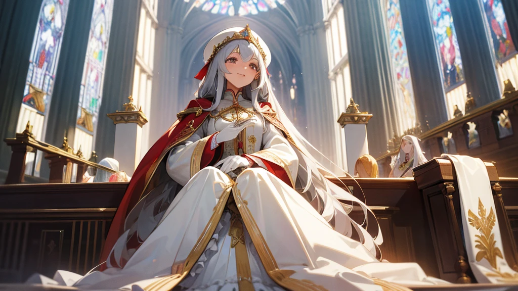 in front of the altar of a majestic church, casting judgement with magic, her voice echoing beautifully. Magic gathers around her, enveloping her in a holy aura as she chants, girl with long silver hair, Classic White Wedding Dresses、long white embroidered gloves, pope's clothing and hat, long hair, ceremonial robes, mass vestments, enormous puffy sleeves, long cuffs with many buttons, golden embroidery, cross details, Long Train, lots of frills and lace, red capes, gently reaches out to you, gentle smile