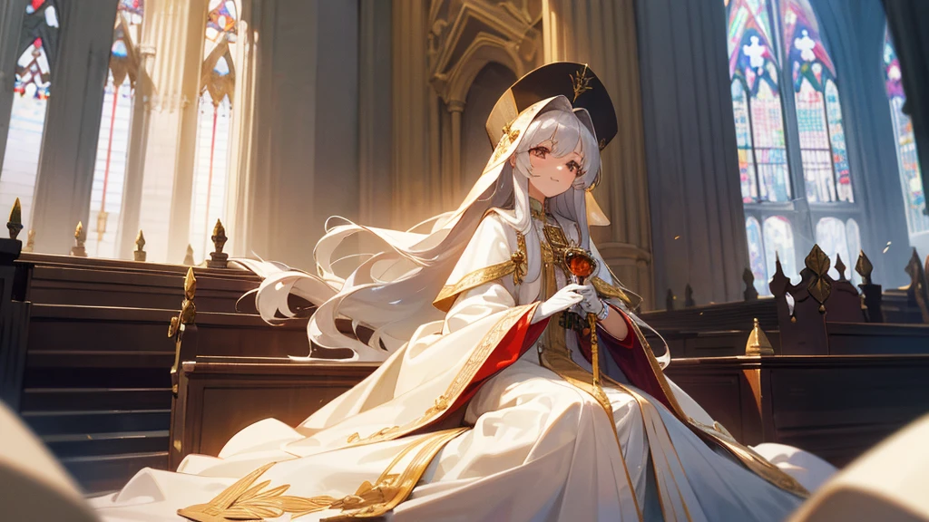 in front of the altar of a majestic church, casting judgement with magic, her voice echoing beautifully. Magic gathers around her, enveloping her in a holy aura as she chants, girl with long silver hair, Classic White Wedding Dresses、long white embroidered gloves, pope's clothing and hat, long hair, ceremonial robes, mass vestments, enormous puffy sleeves, long cuffs with many buttons, golden embroidery, cross details, Long Train, lots of frills and lace, red capes, gently reaches out to you, gentle smile